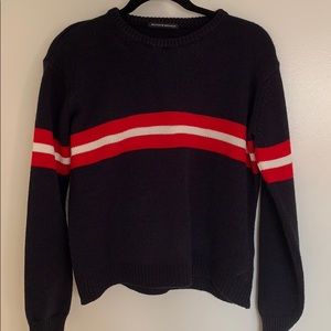 Navy sweater with red & white stripe